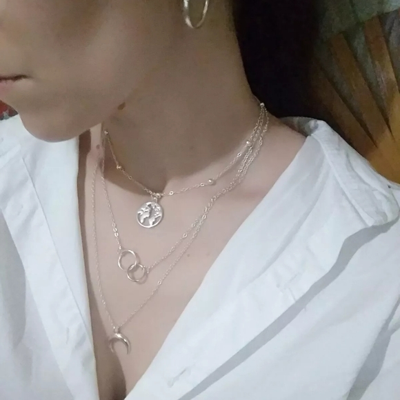 NEW Silver Boho Trendy Choker Multilayer Earth Map Circle Horn Pendant Necklace - Picture 6 of 16